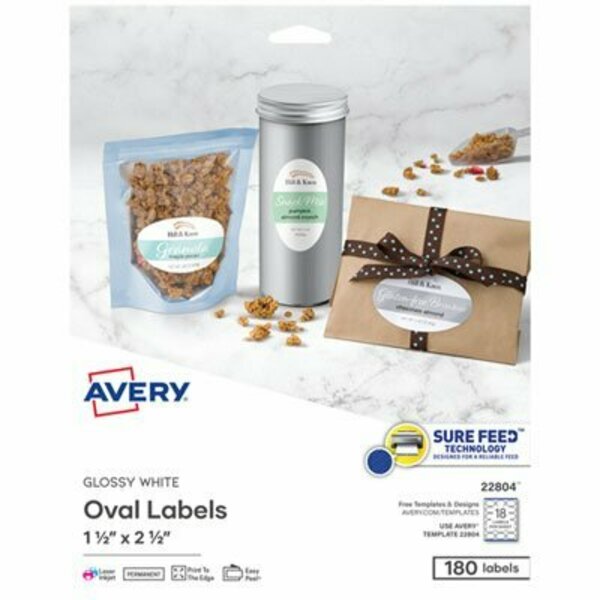 Avery Dennison Avery, OVAL LABELS W/ SURE FEED & EASY PEEL, 1 1/2 X 2 1/2, GLOSSY WHITE, 180PK 22804